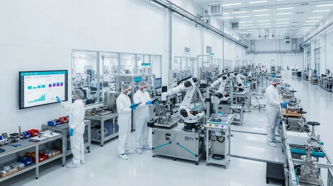 Engineers working in a bright, modern valve assembly facility