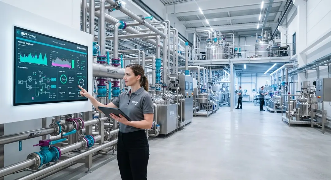 Modern processing plant with stainless steel pipelines and control valves