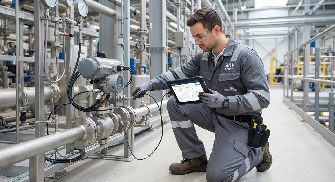 Service engineer performing diagnostics on an industrial valve assembly